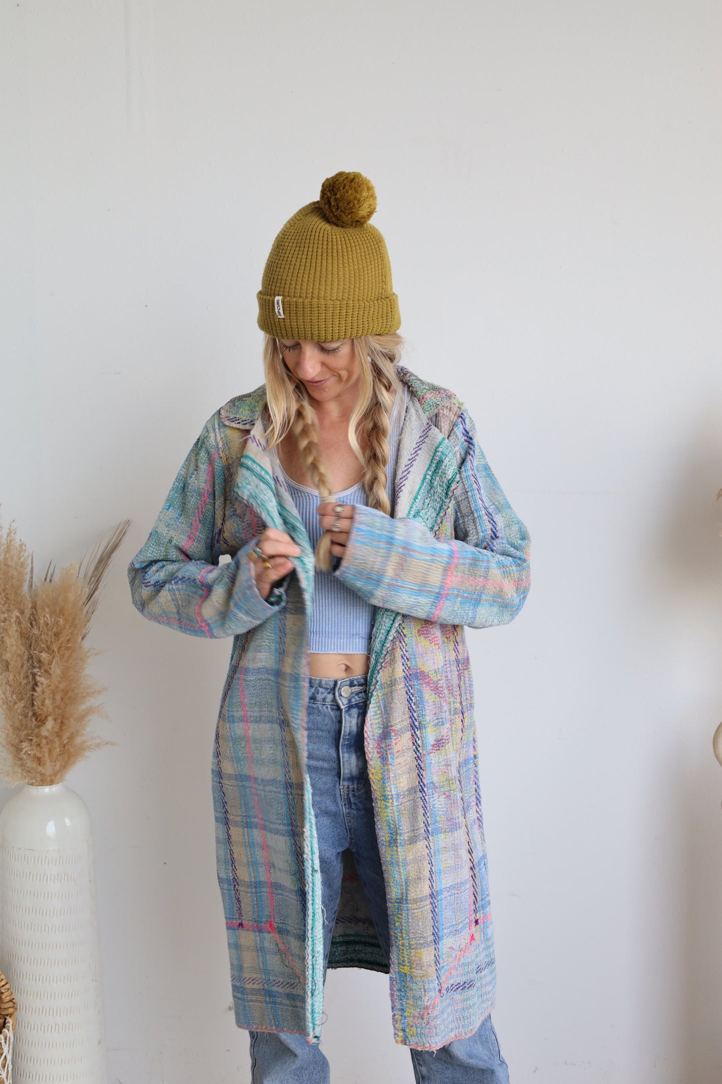 Blue & Pink Kantha Long Coat
