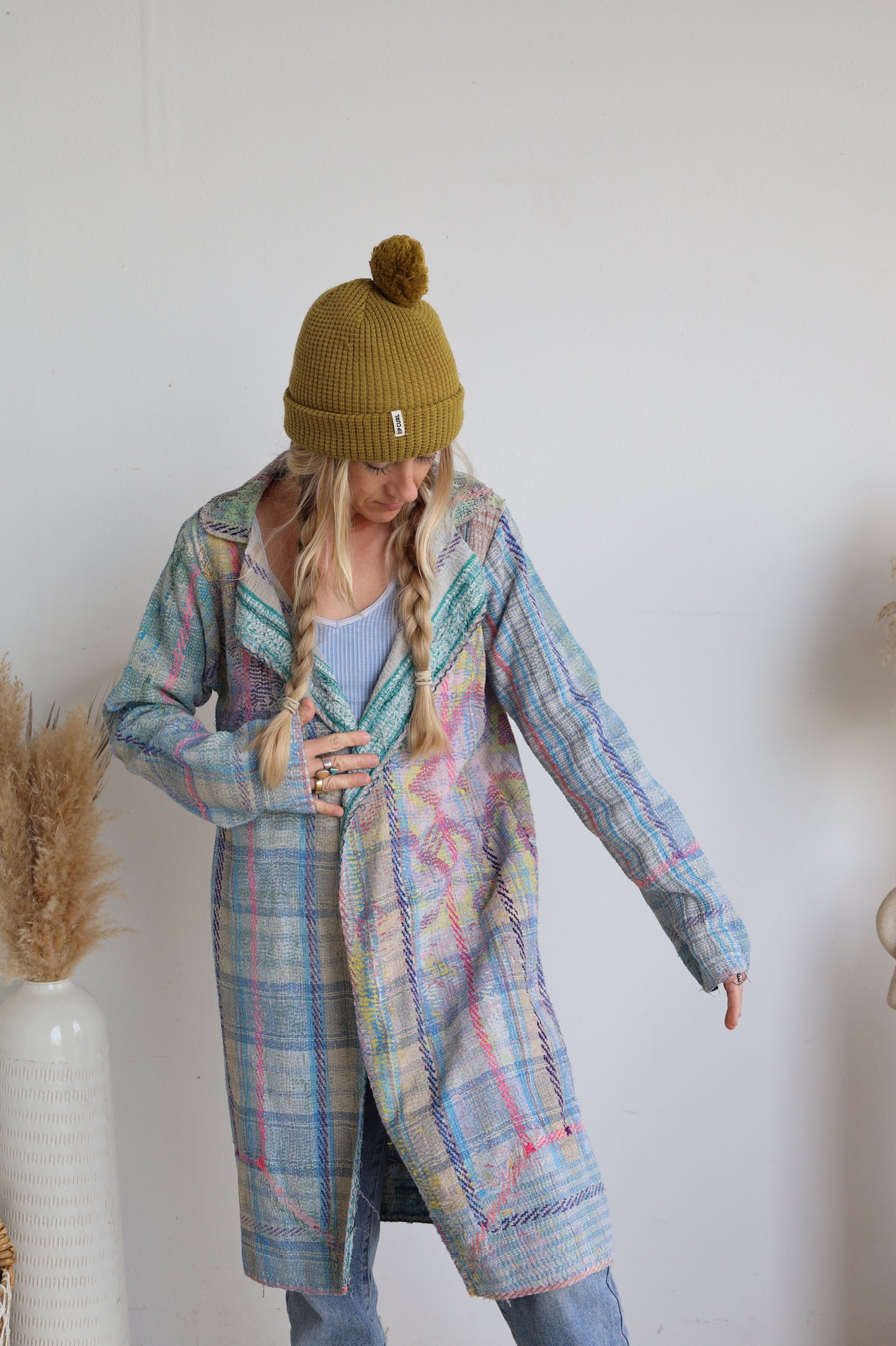 Blue & Pink Kantha Long Coat