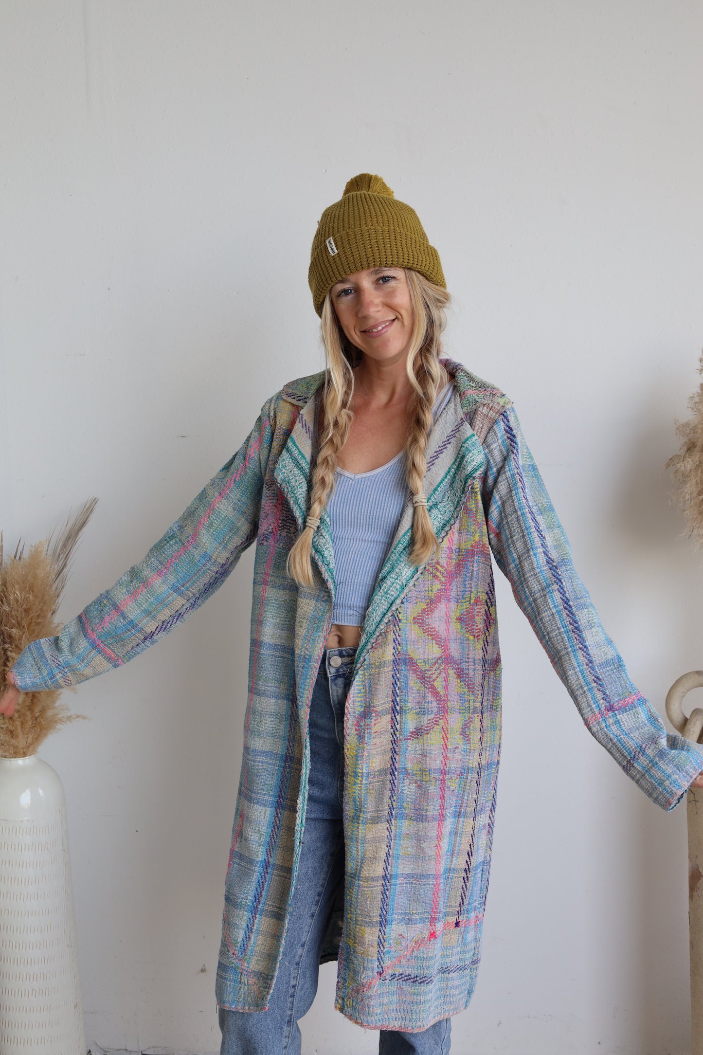 Blue & Pink Kantha Long Coat