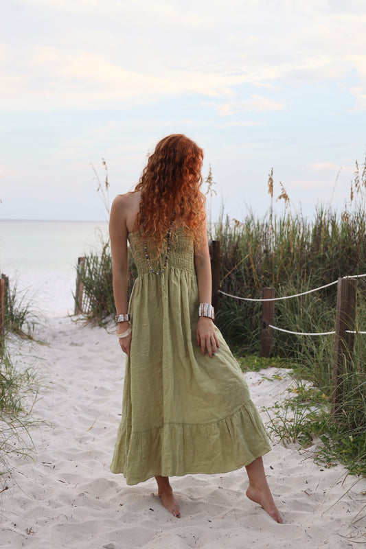 Green Linen Strapless Dress