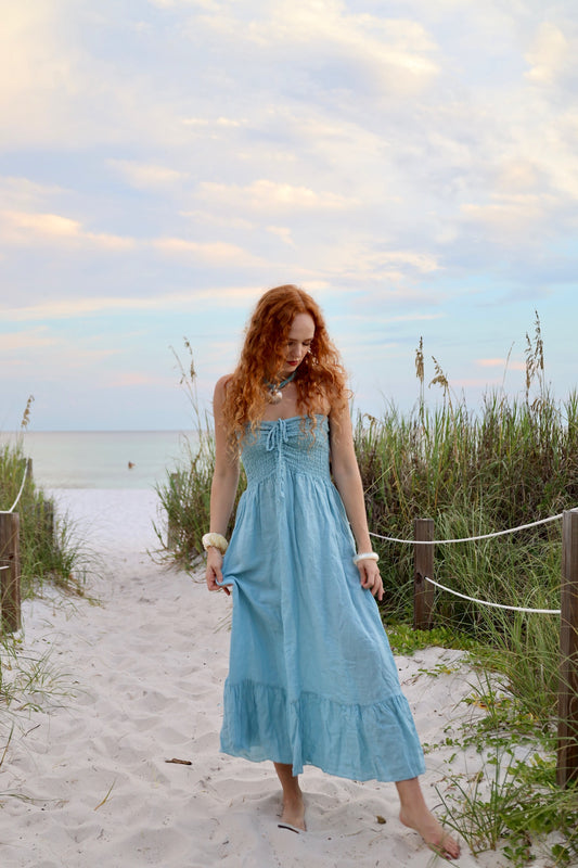 Blue Linen Strapless Dress