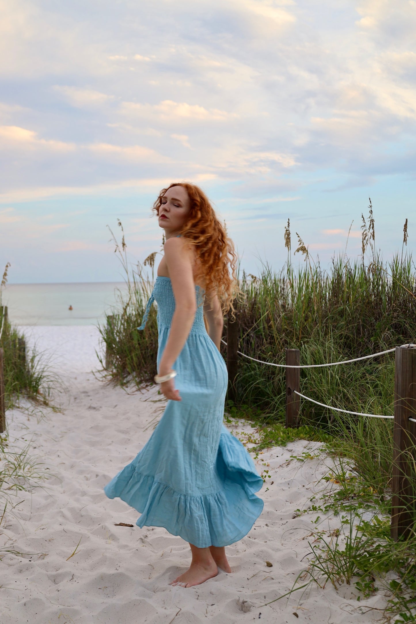 Blue Linen Strapless Dress