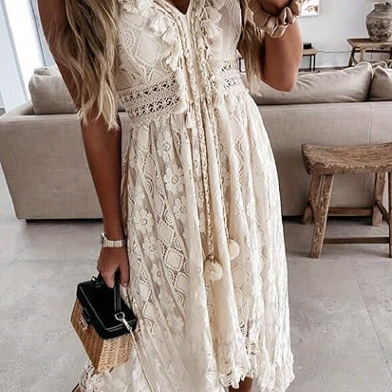 Lace Maxi Dress w/Boho Tassel