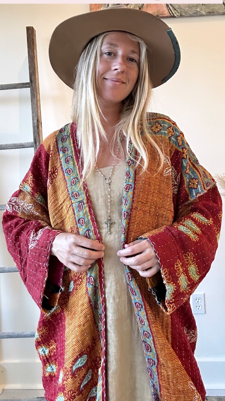 Kantha Long Kimono - Pink Sunburst