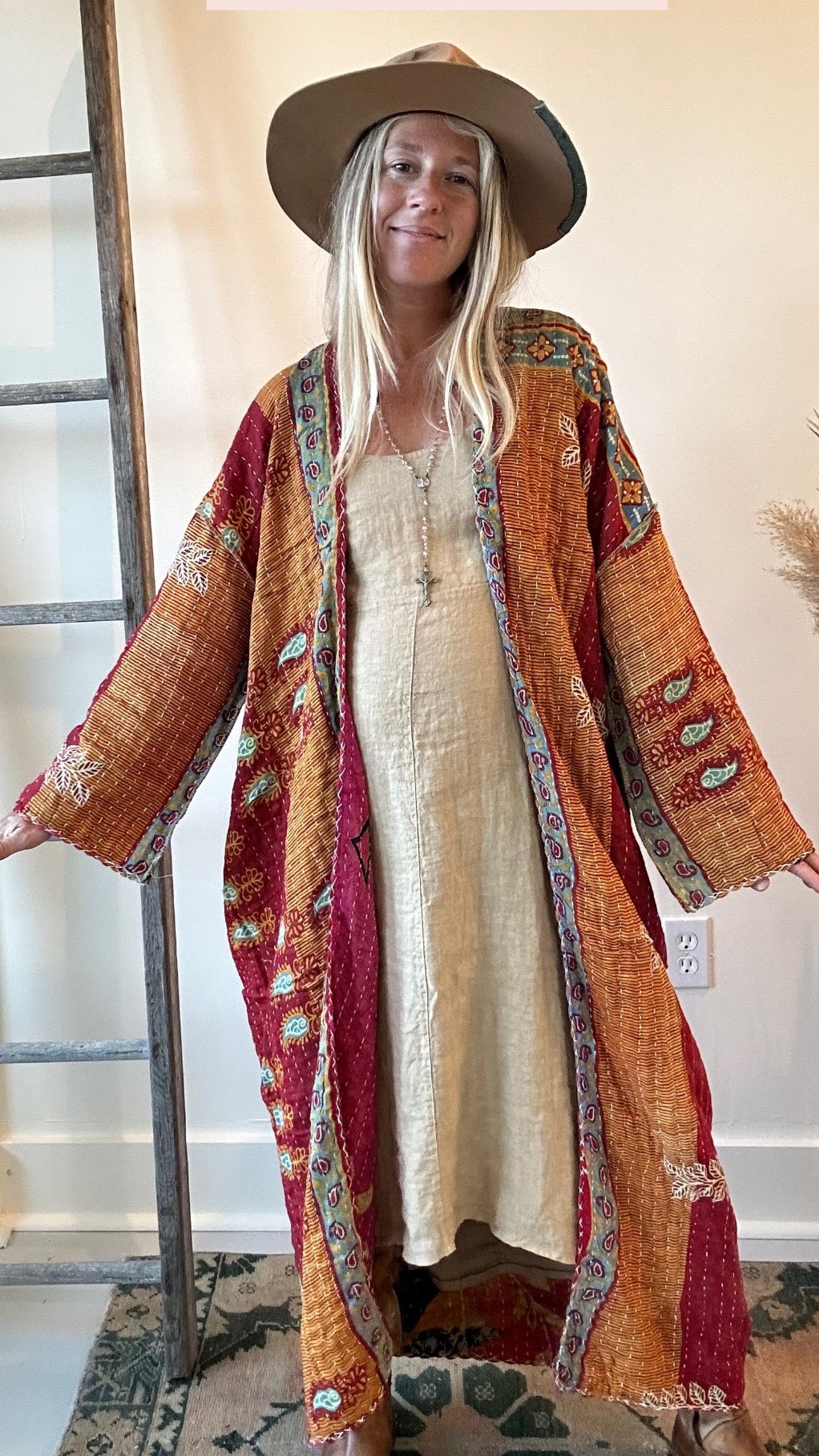 Kantha Long Kimono - Pink Sunburst