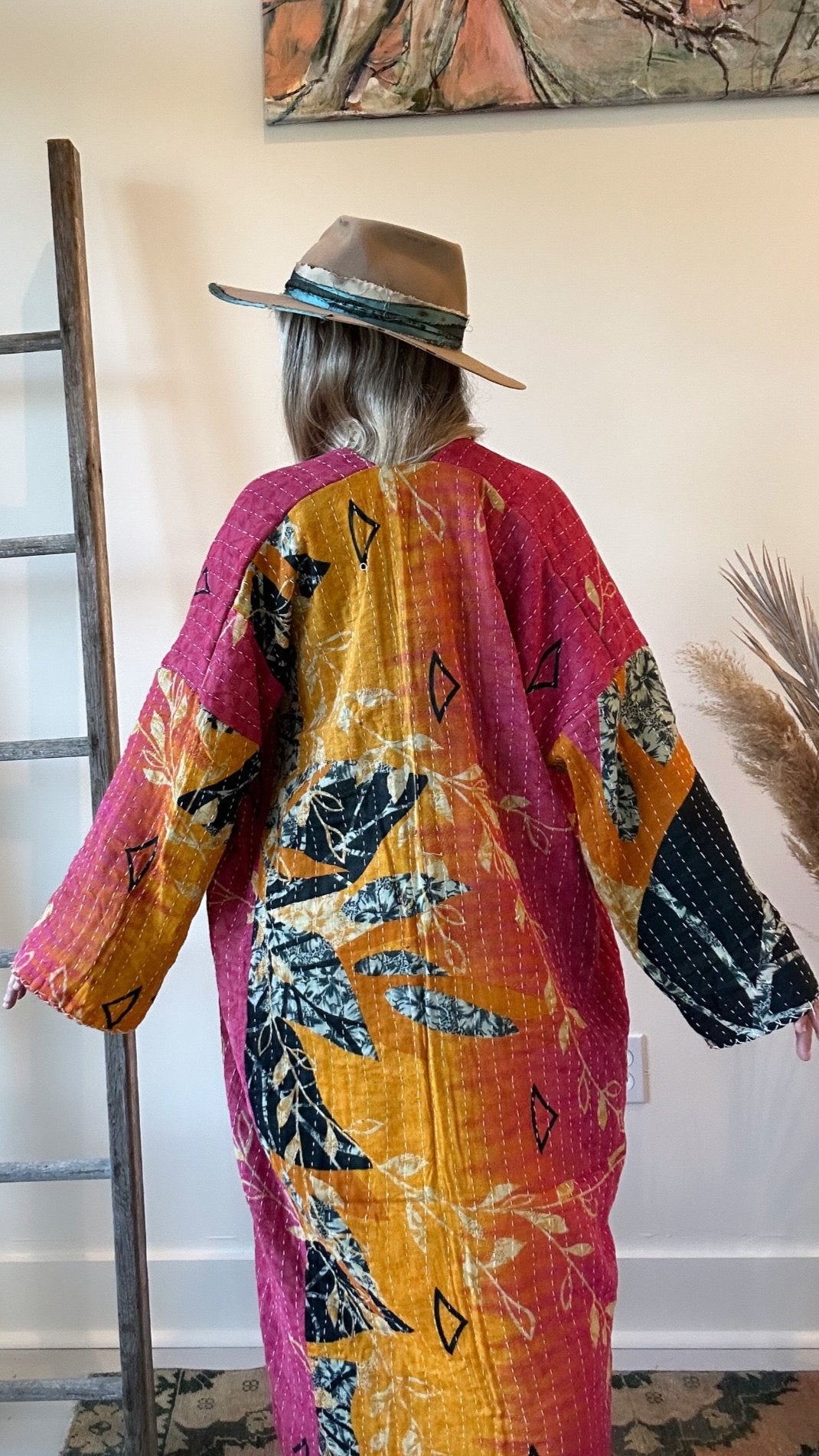 Kantha Long Kimono - Pink Sunburst