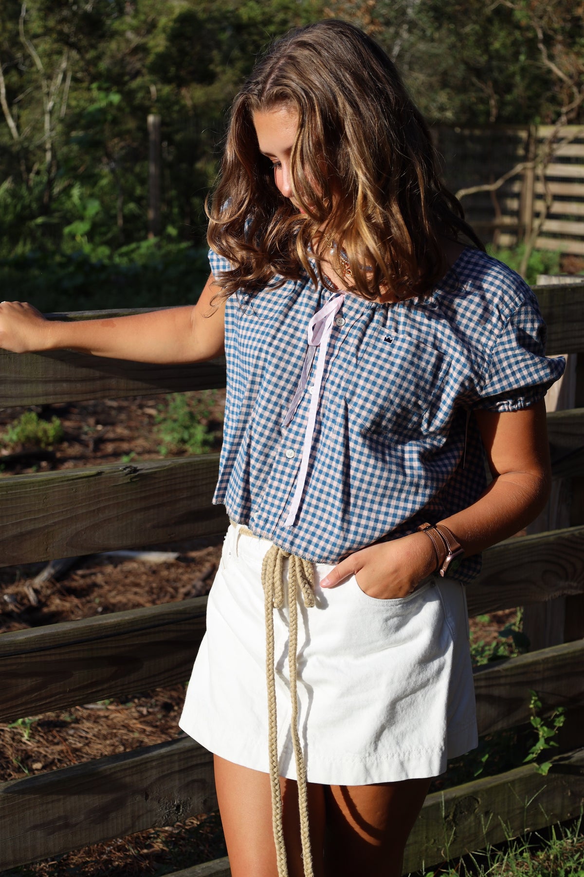 Blue Gingham Check Puff Top