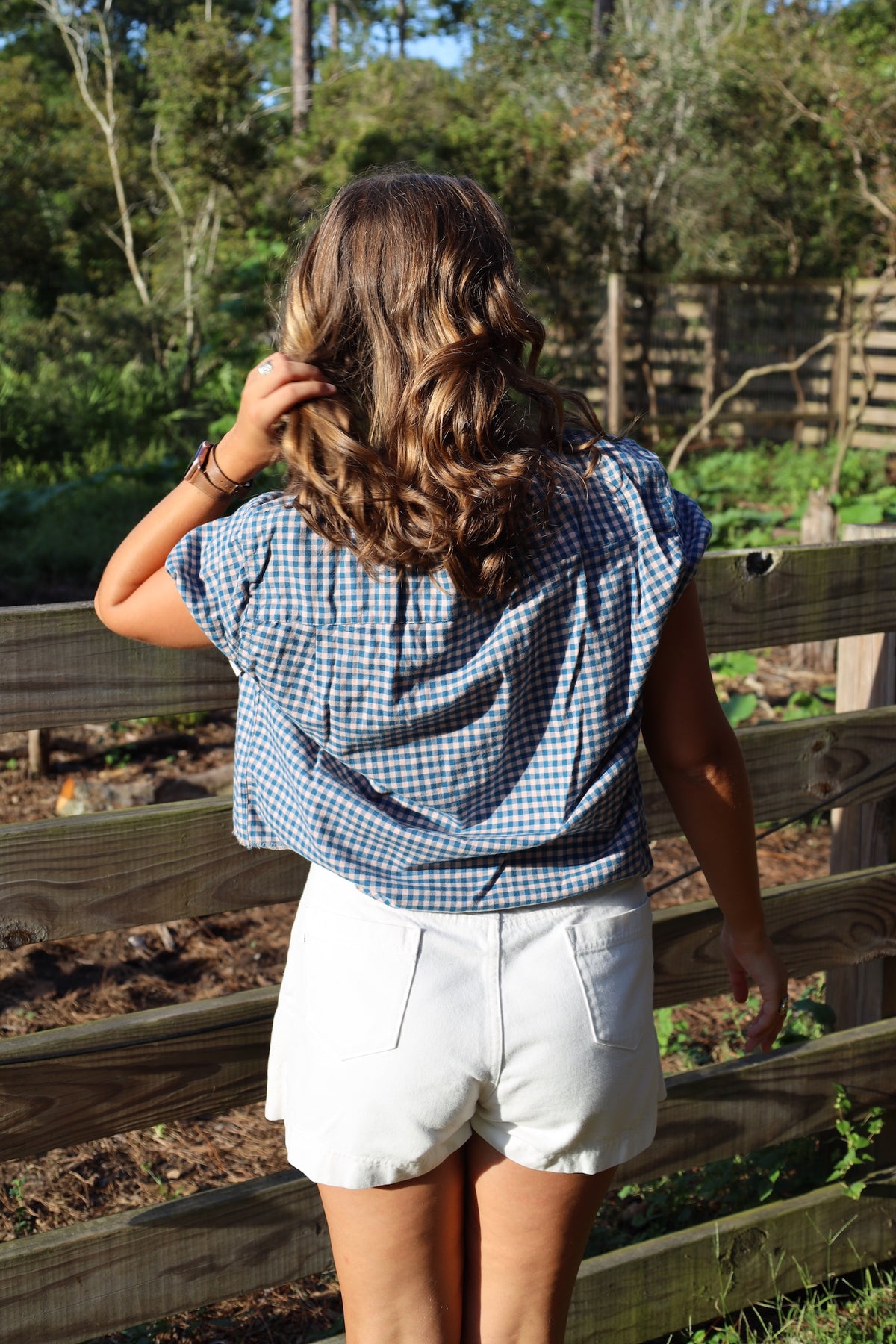 Blue Gingham Check Puff Top