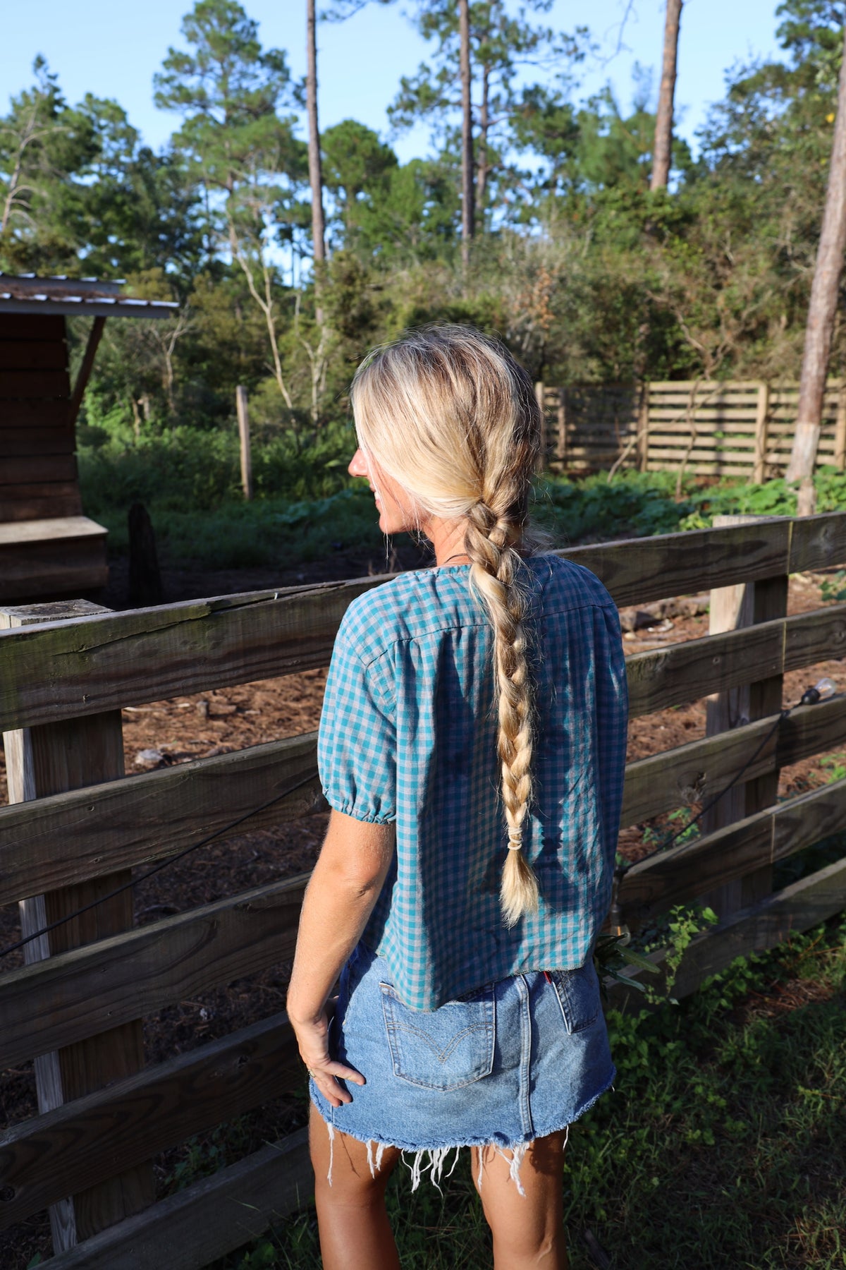 Teal Gingham Puff Top