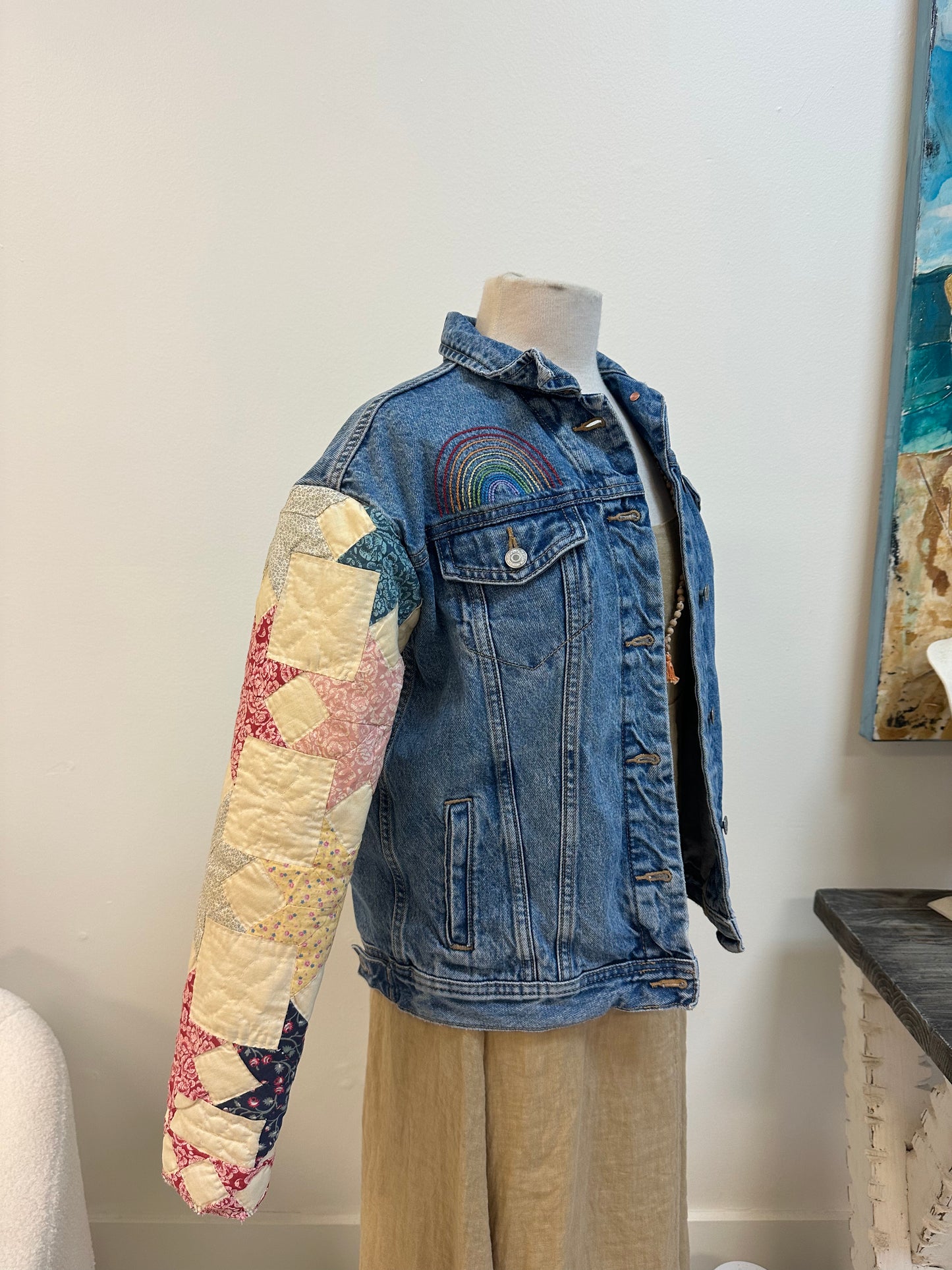 Vintage Denim Jacket w/Quilt Sleeves