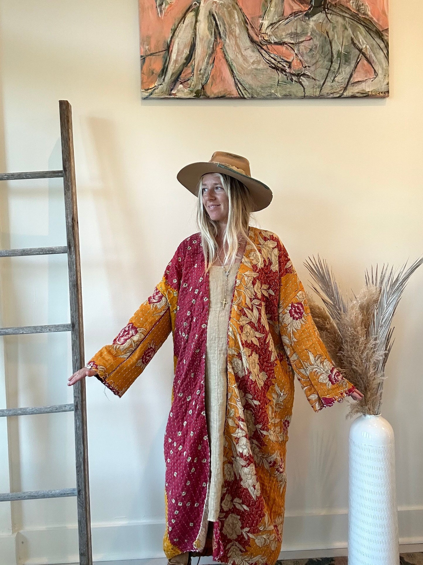 Kantha Long Kimono - Autumn Leaves