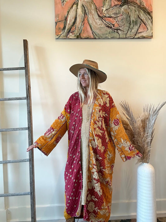 Kantha Long Kimono - Autumn Leaves