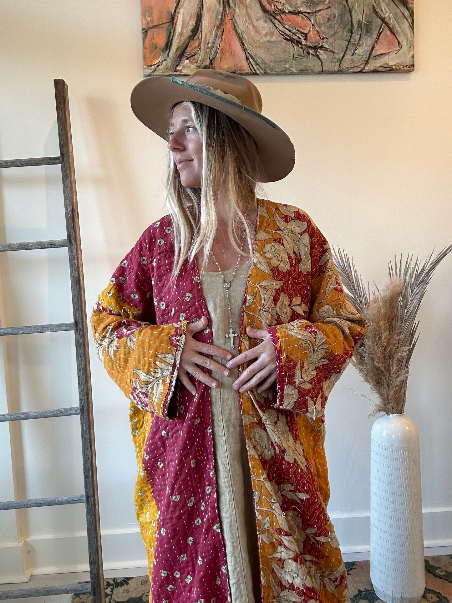 Kantha Long Kimono - Autumn Leaves