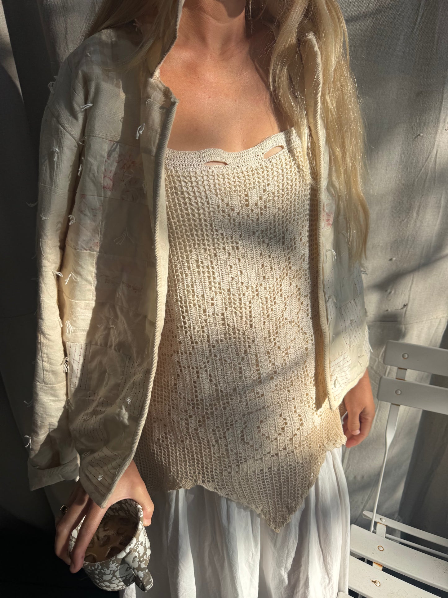 Cream Checkered Yarn Tie Quilt Coat