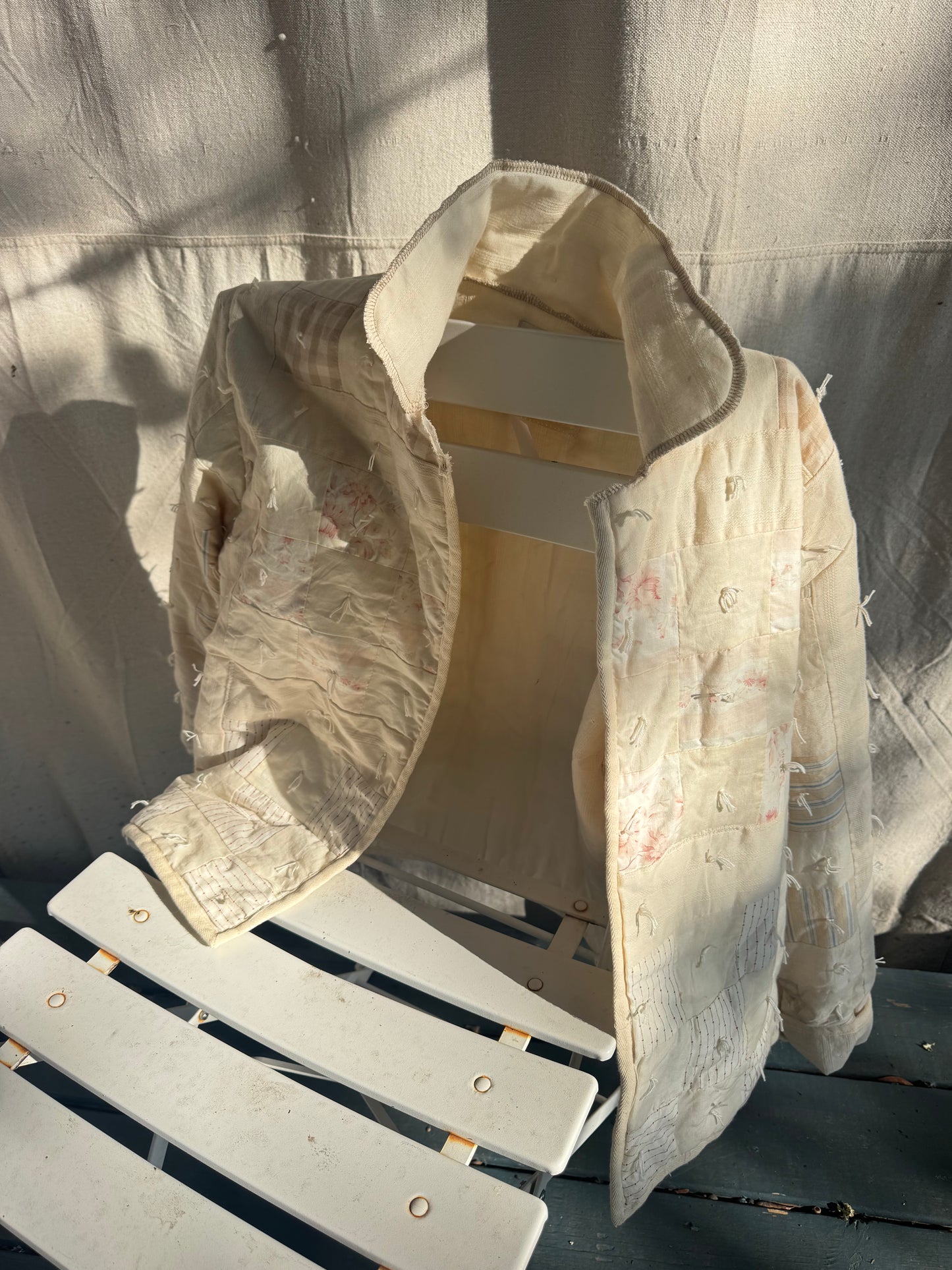 Cream Checkered Yarn Tie Quilt Coat