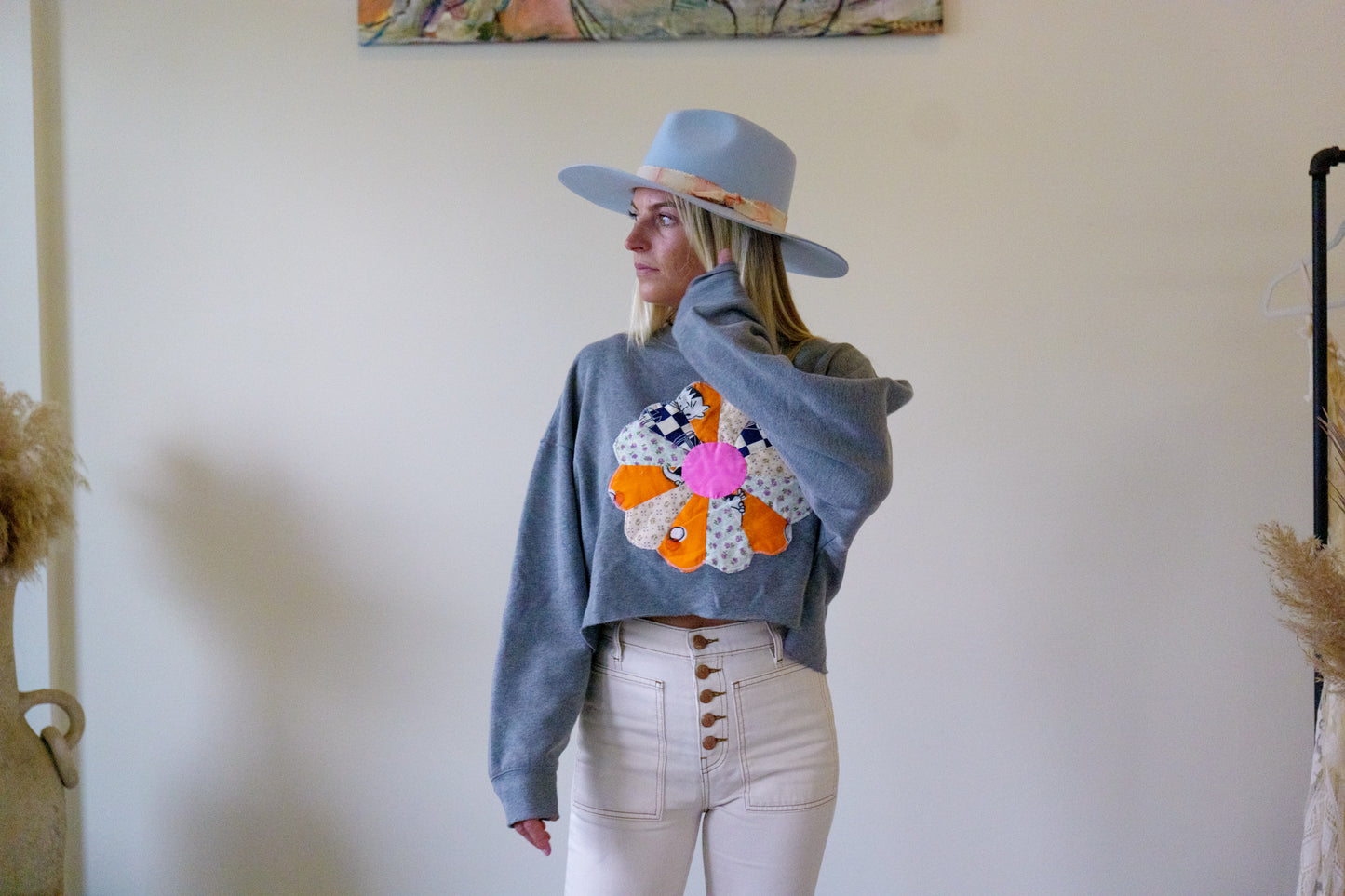 Quilt Sweatshirt - Grey Crop Crewneck