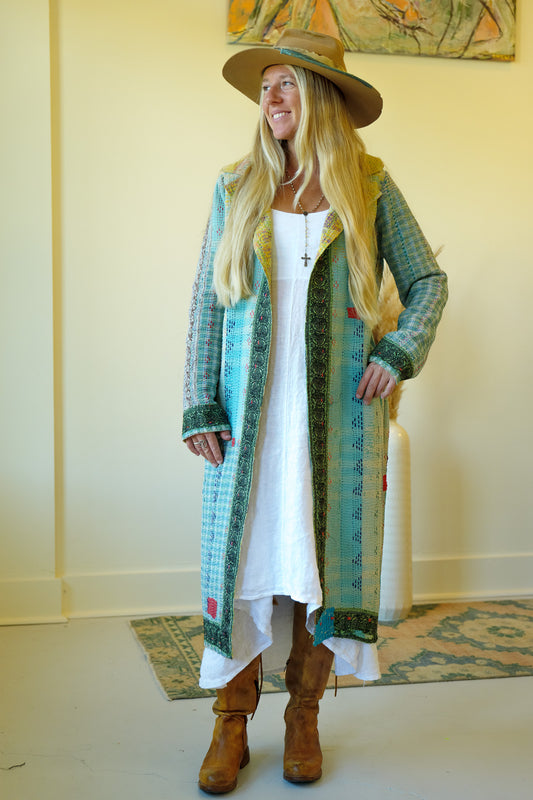 Kantha Long Quilt Coat - Blue & Yellow