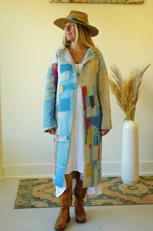 Kantha Long Quilt Coat - Blue Patchwork