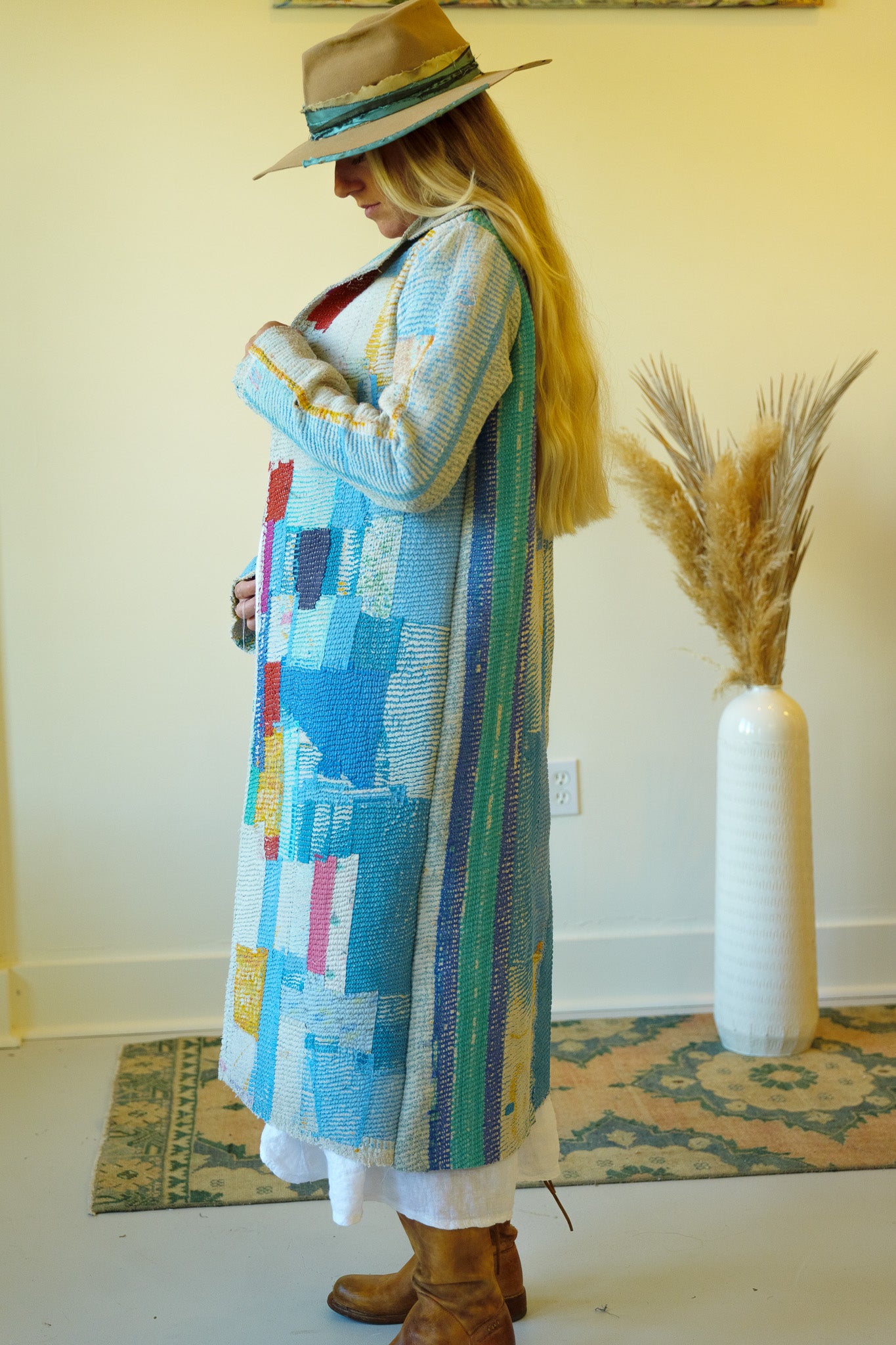 Kantha Long Quilt Coat - Blue Patchwork