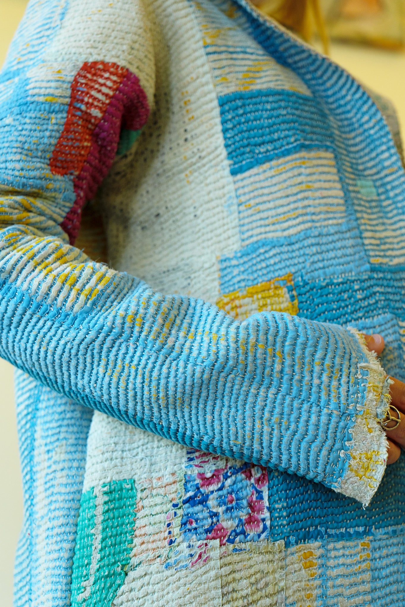 Kantha Long Quilt Coat - Blue Patchwork