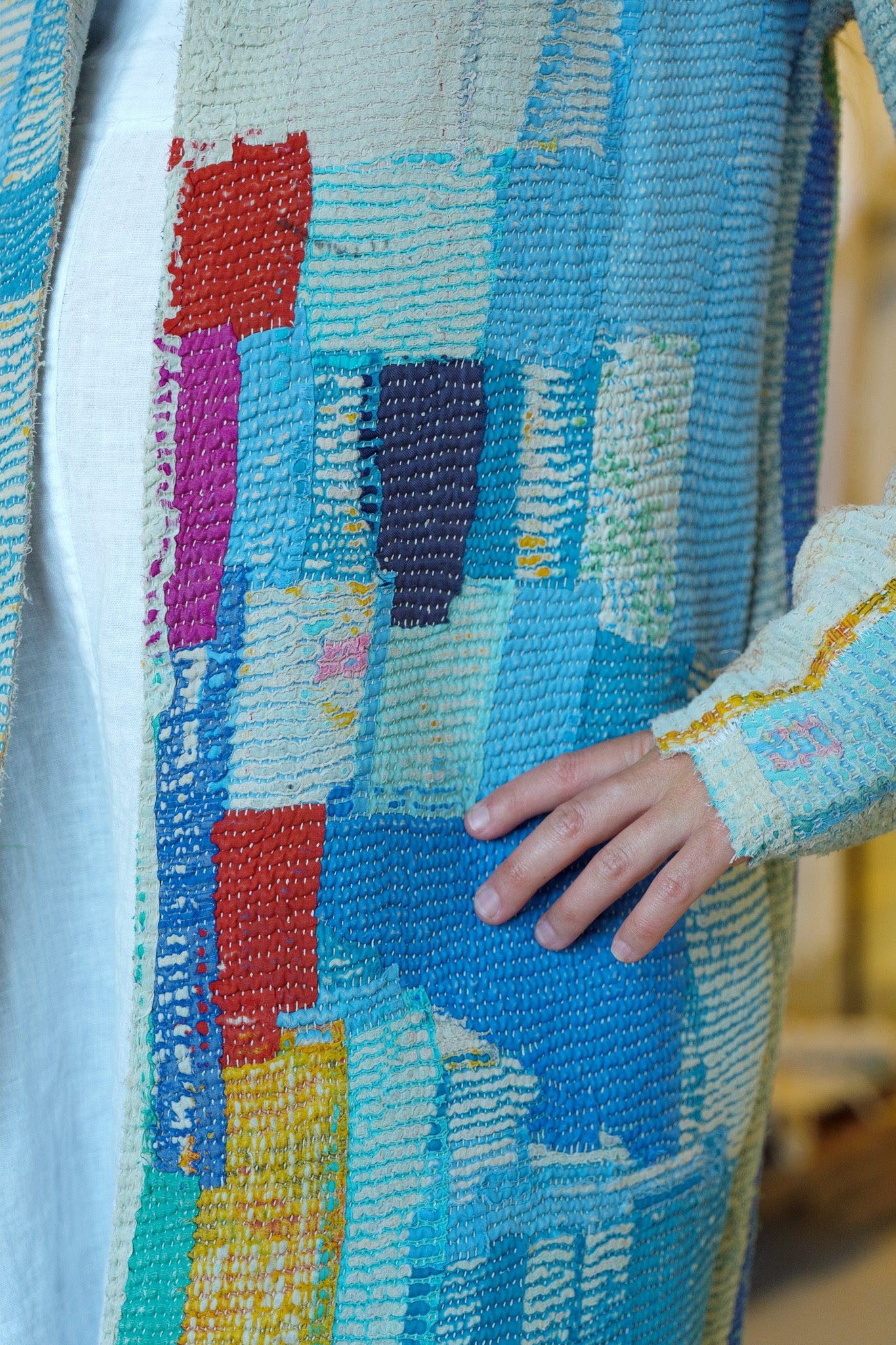 Kantha Long Quilt Coat - Blue Patchwork