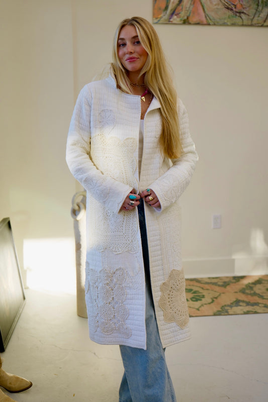 White Lace Doily Long Quilt Coat