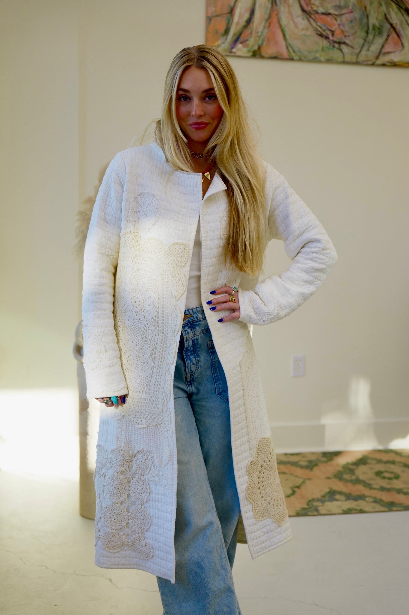 White Lace Doily Long Quilt Coat