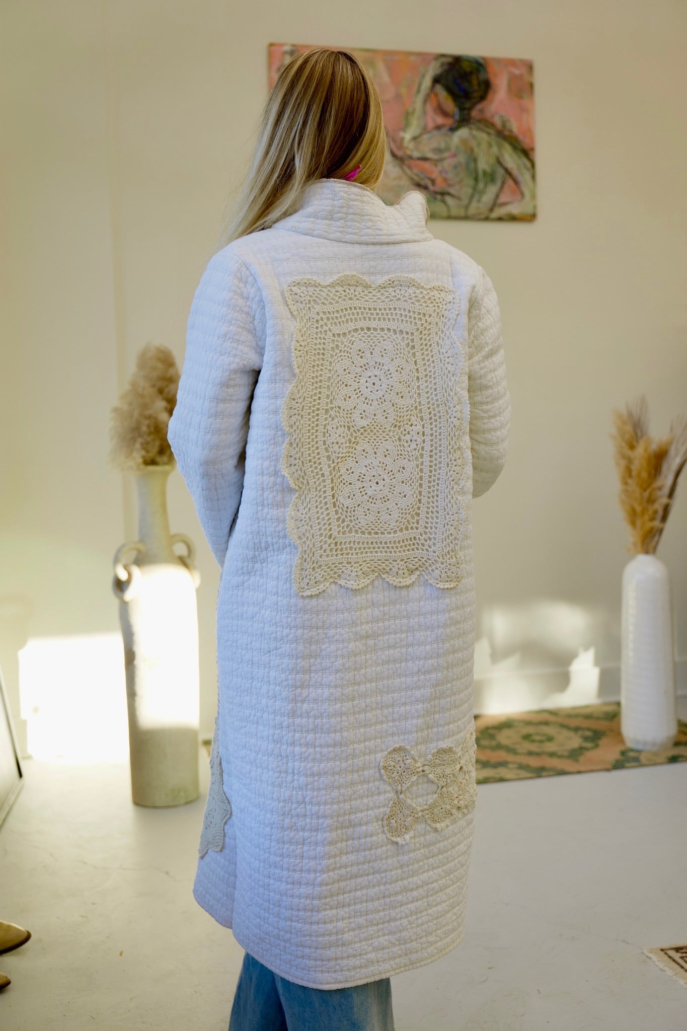 White Lace Doily Long Quilt Coat