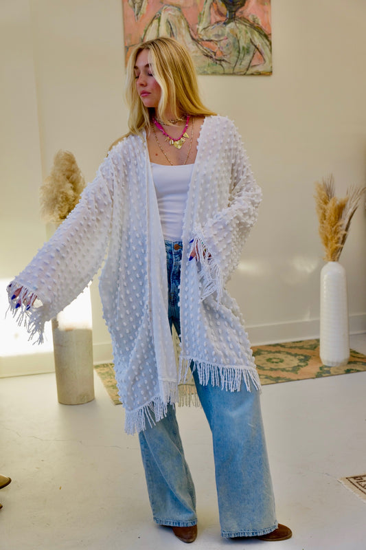 White Chenille Fringe Kimono