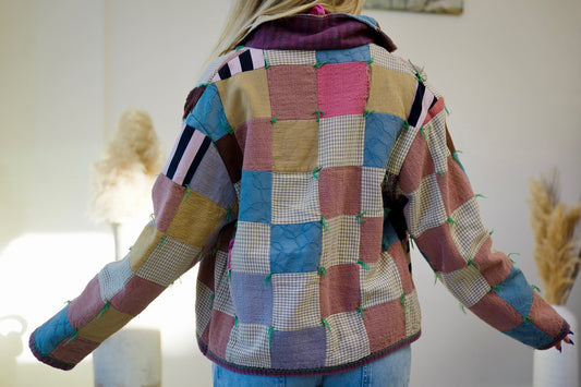 Neutral Checkered Short Quilt Coat