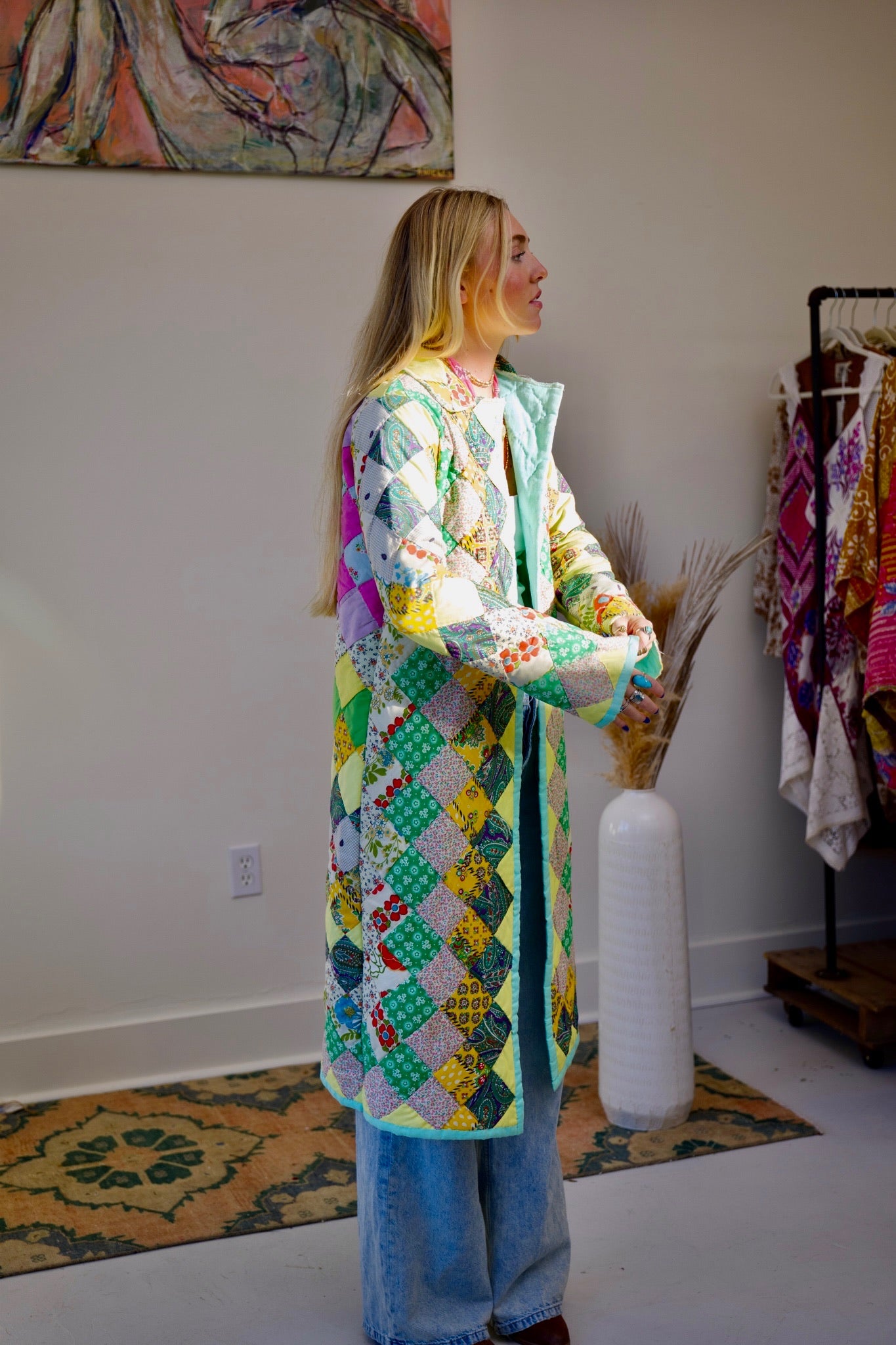 Seafoam & Yellow Long Quilt Coat