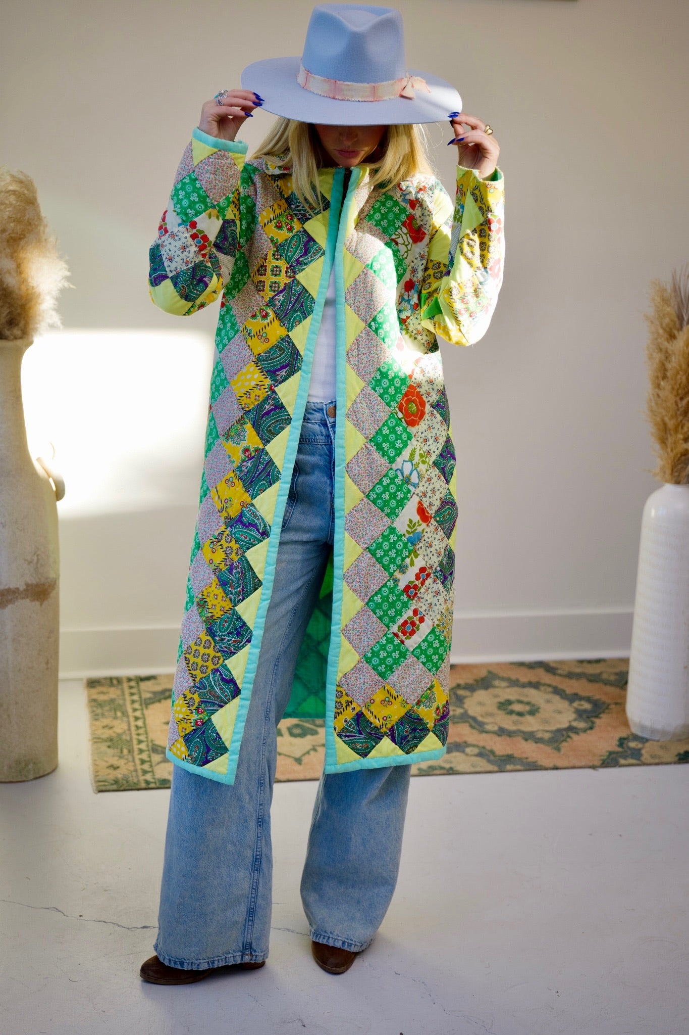 Seafoam & Yellow Long Quilt Coat