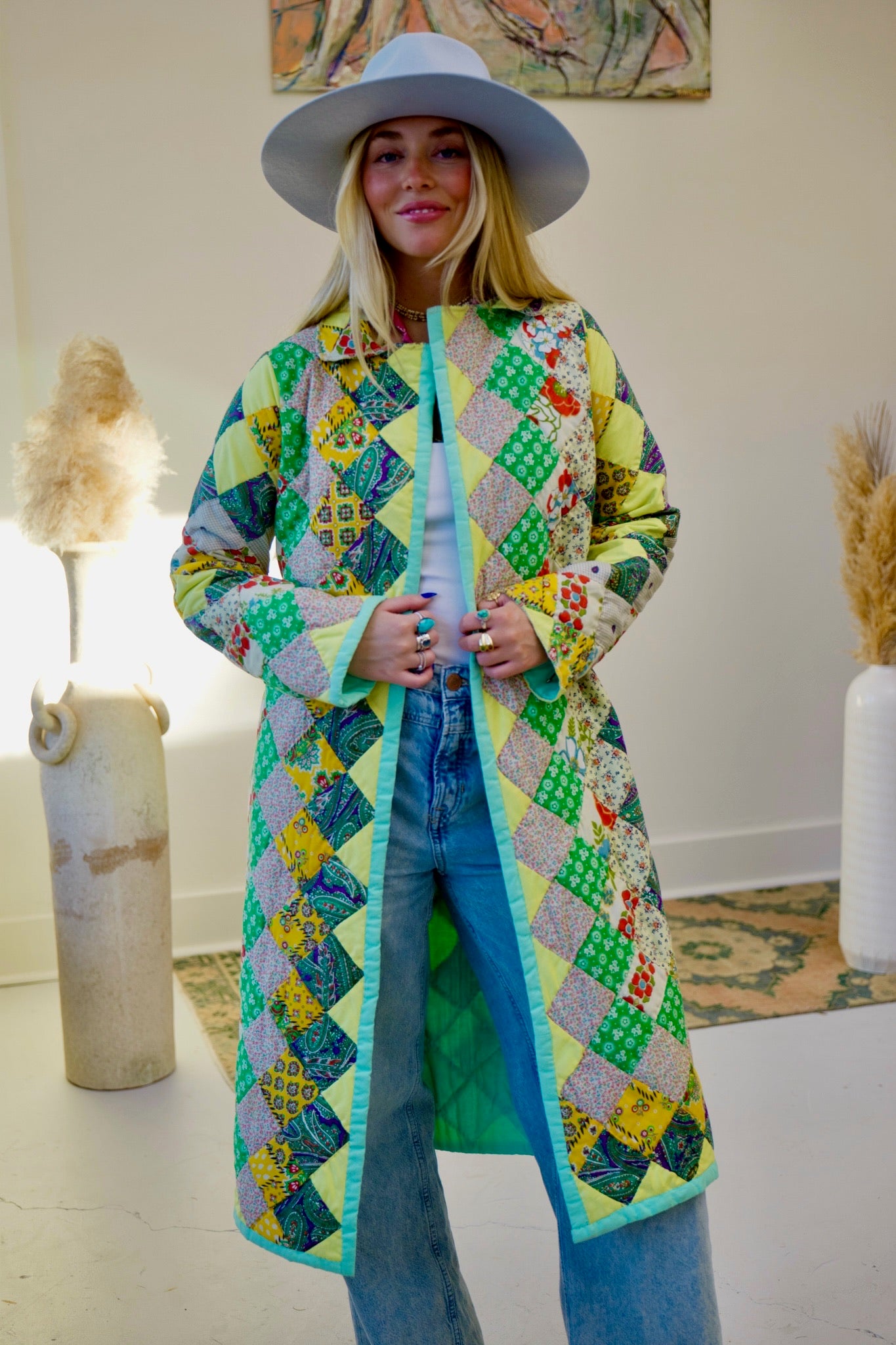 Seafoam & Yellow Long Quilt Coat