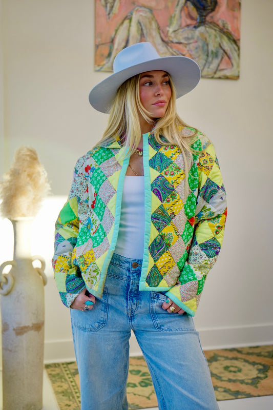 Seafoam & Yellow Checkered Short Quilt Coat