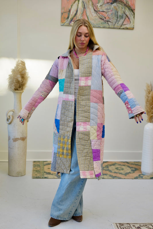 Pink Patchwork Long Quilt Coat