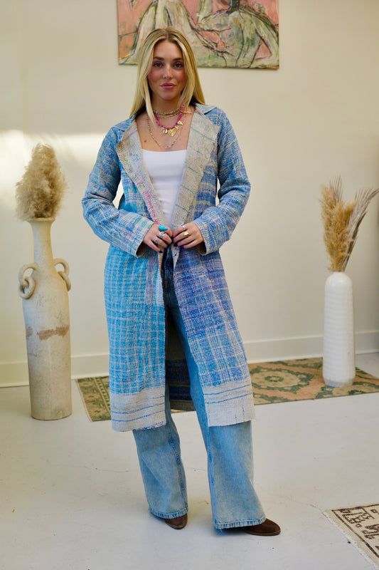 Blue Kantha Long Quilt Coat