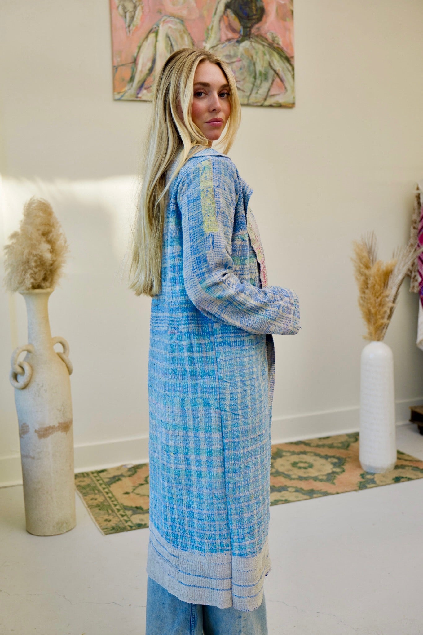 Blue Kantha Long Quilt Coat