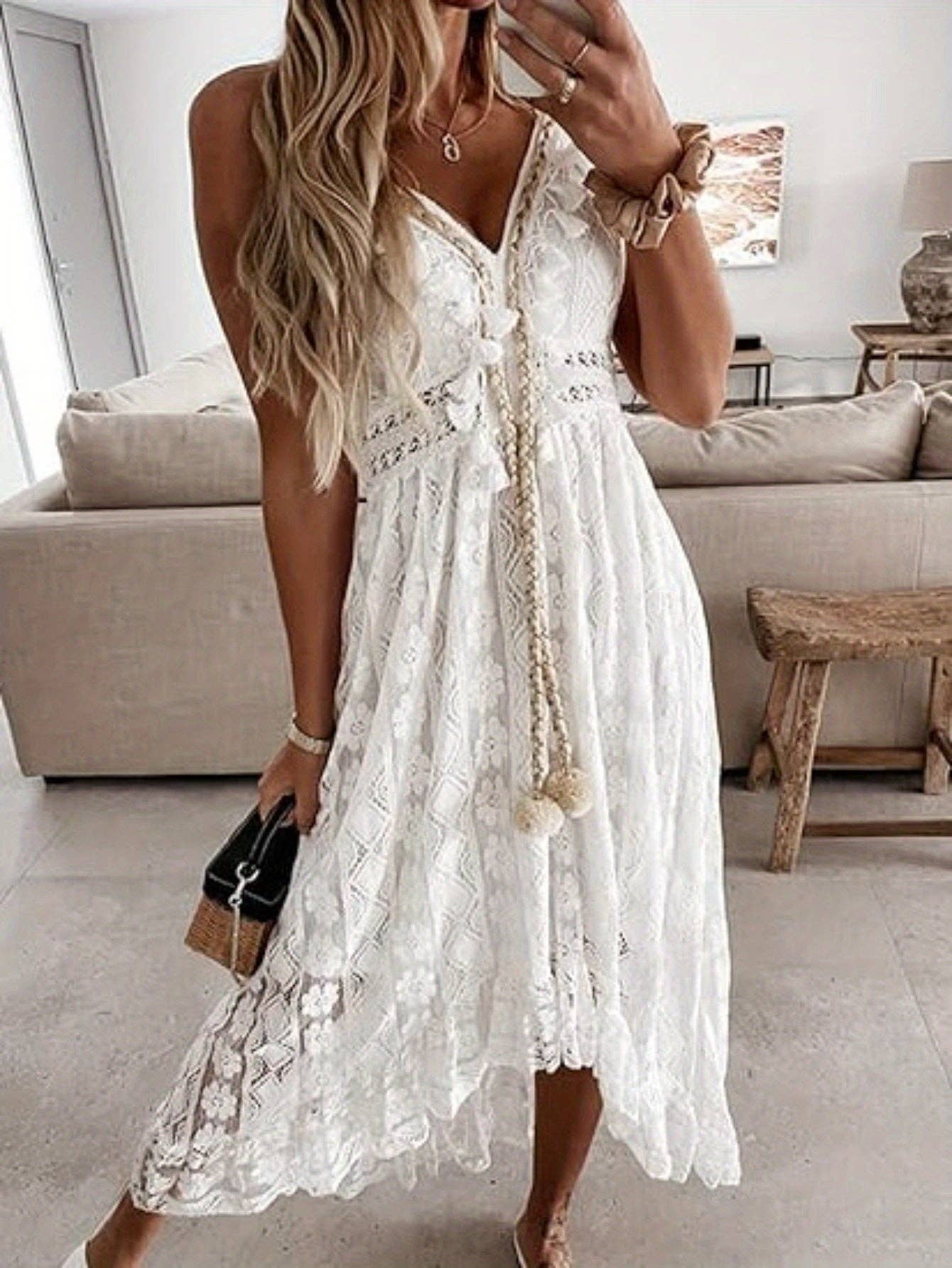 Lace Maxi Dress w/Boho Tassel